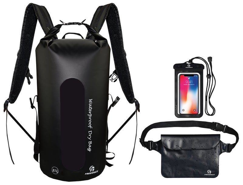 Freegrace Waterproof Dry Bags Set Of 3 - Dry Bag With 2 Zip Lock Seals, Waist Pouch & Phone Case - Can Be Submerged Into Water For Swimming, Kayak, Rafting & Boating (Window, Black, 35L) - Image 1